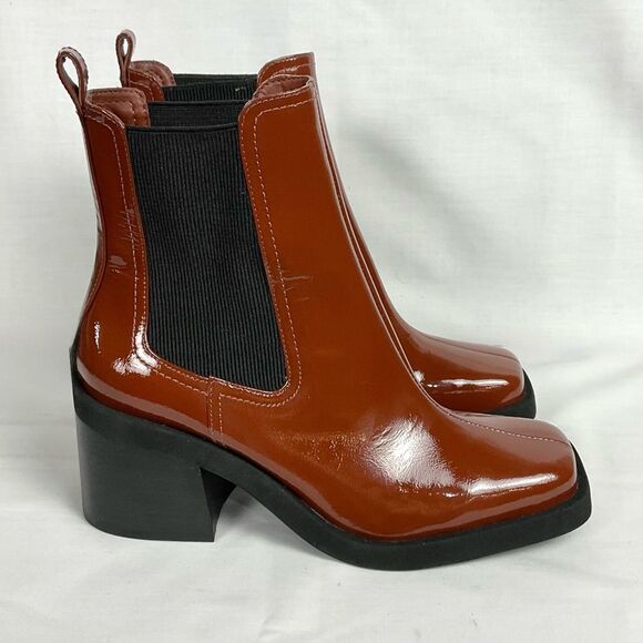 Gianni Bini Brown Booties Banks Crinkle Patent Square Toe Sz 6.5 NEW Double Gore - Picture 4 of 8
